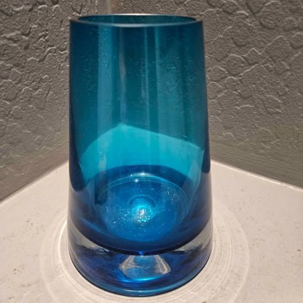 MCM Krosno Poland Art Glass Blue Tapered Vase 7"